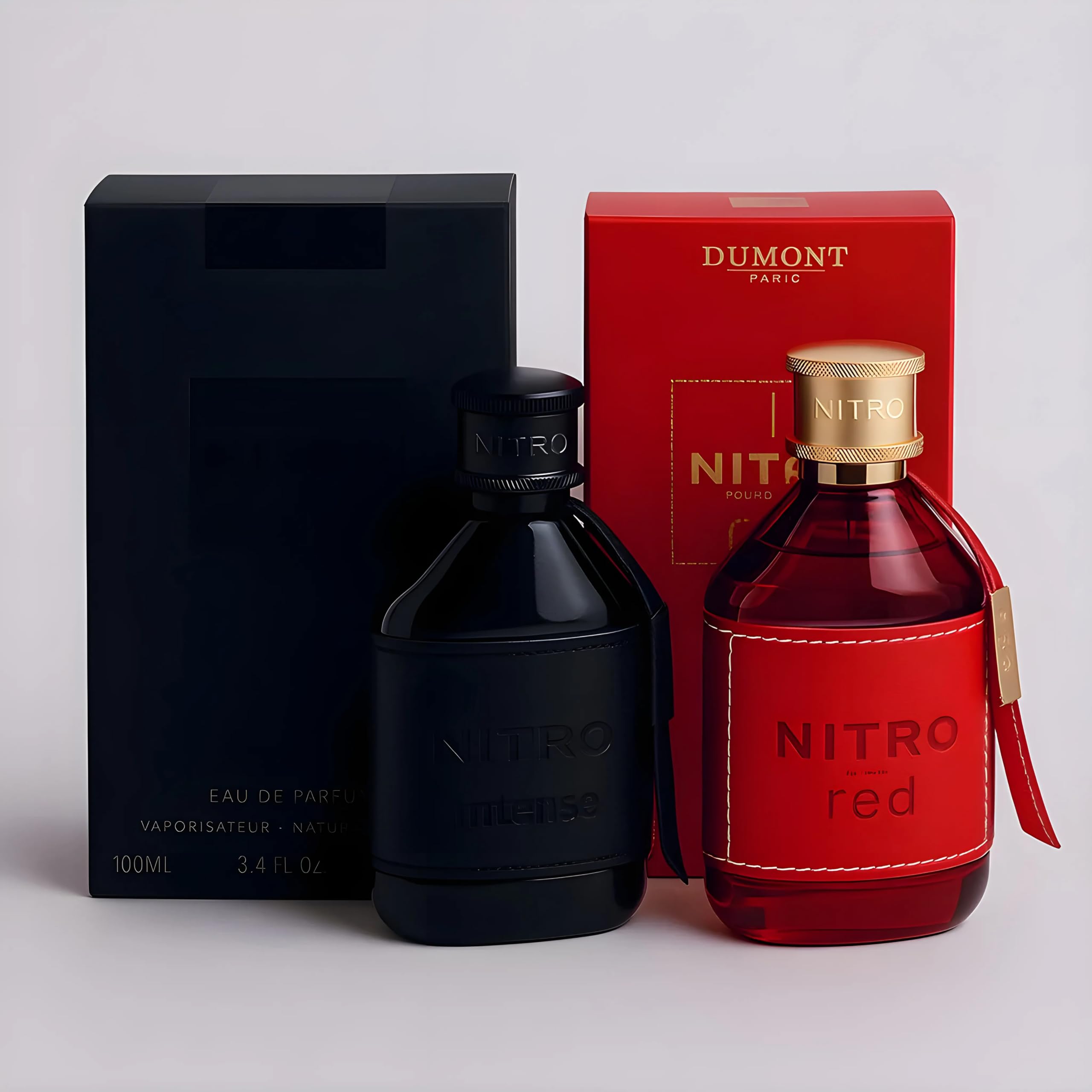 Dumont Nitro Red bottle in crimson with metallic cap offers vibrant energy for confident wear