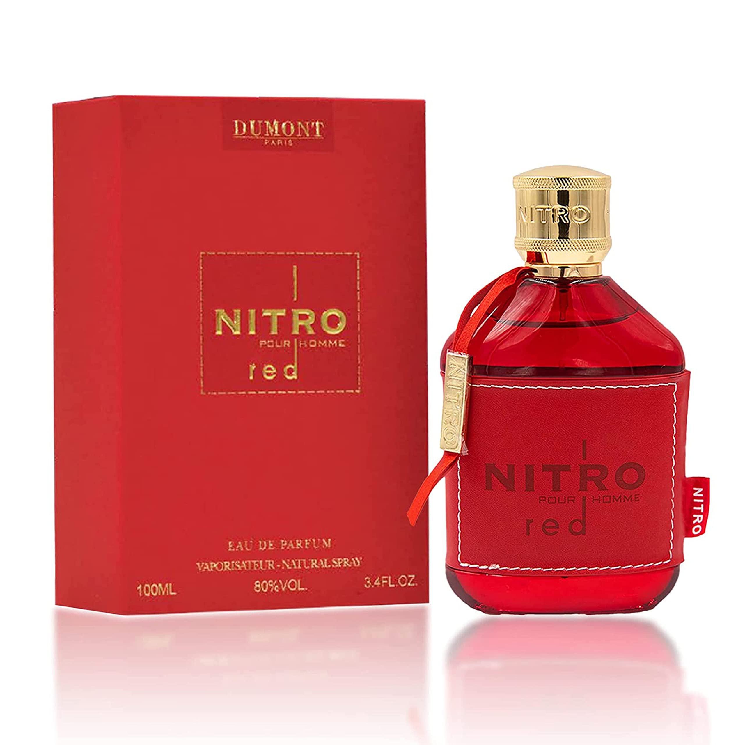 Dumont Nitro Red bottle-front showing bold masculine fragrance for evening wear