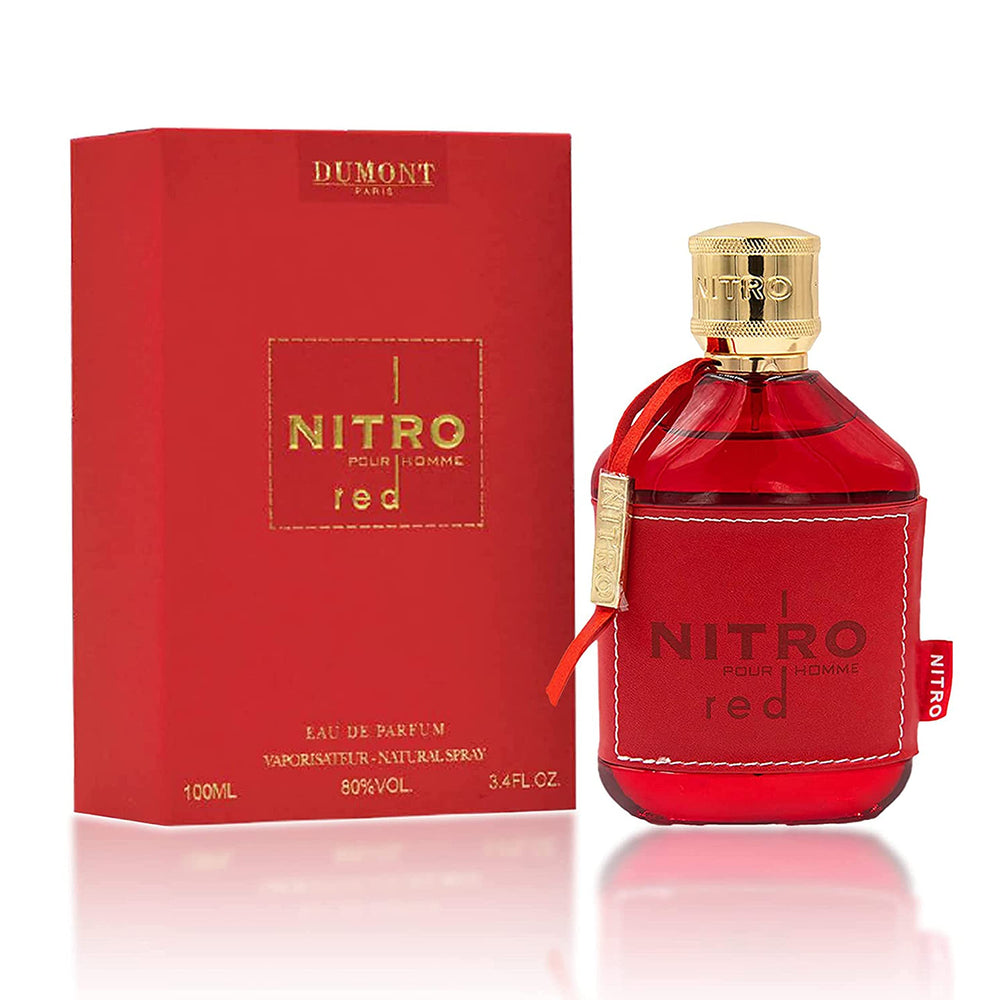 Dumont Nitro Red bottle-front showing bold masculine fragrance for evening wear