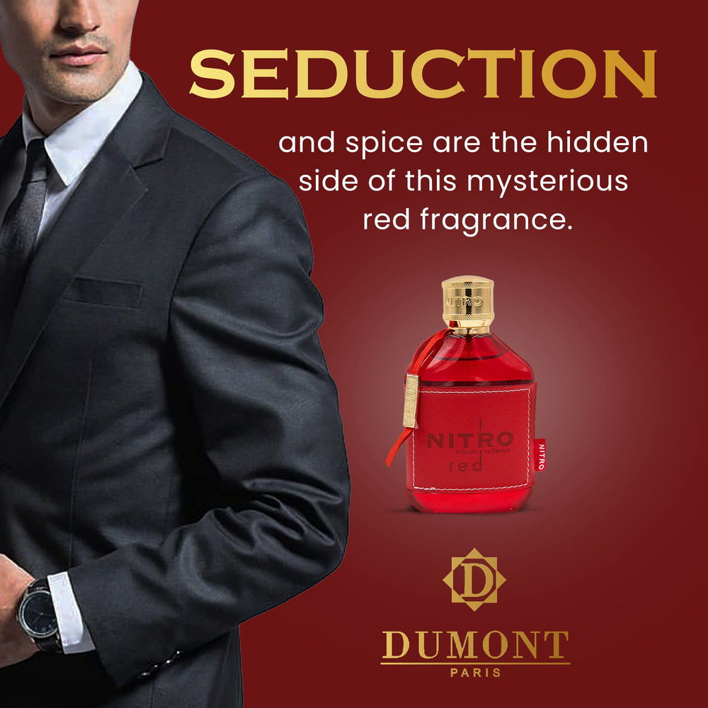 Dumont Nitro Red red bottle on stand for striking presentation