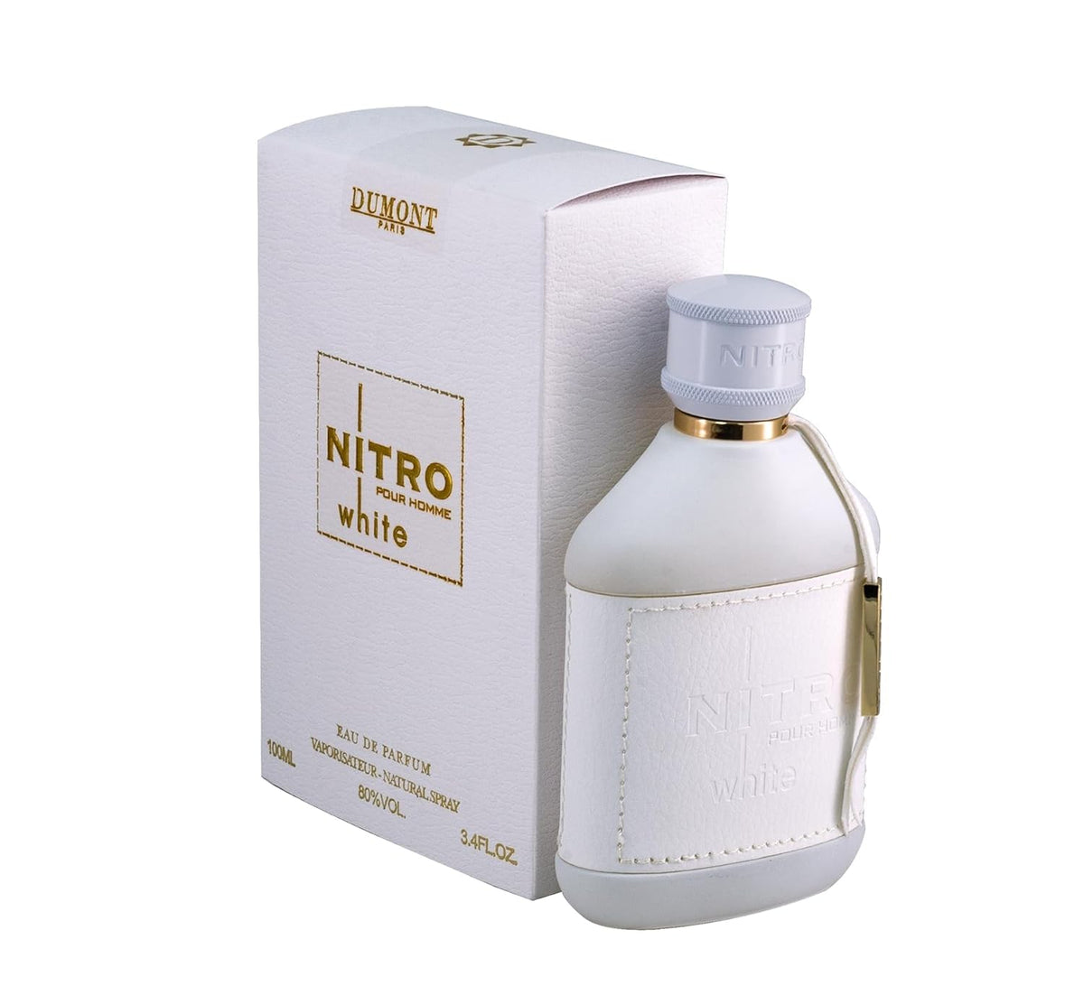 Dumont Nitro White bottle closeup with premium scent for daily wear.