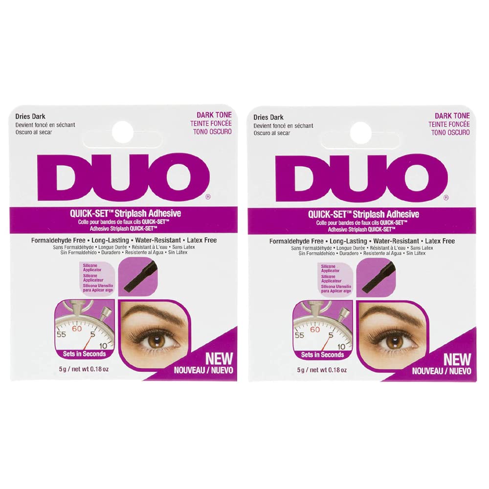DUO Quick-Set Eyelash Glue Dark Tone bottle close-up showing long-lasting hold.