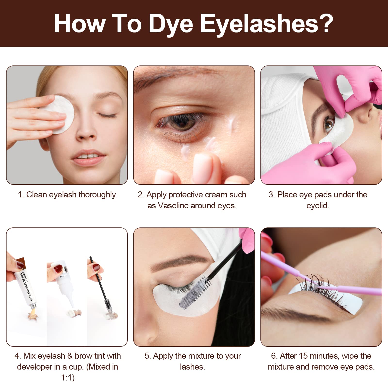 Duoffanny quick-use guide illustrates a 15-minute DIY brow and lash coloring.