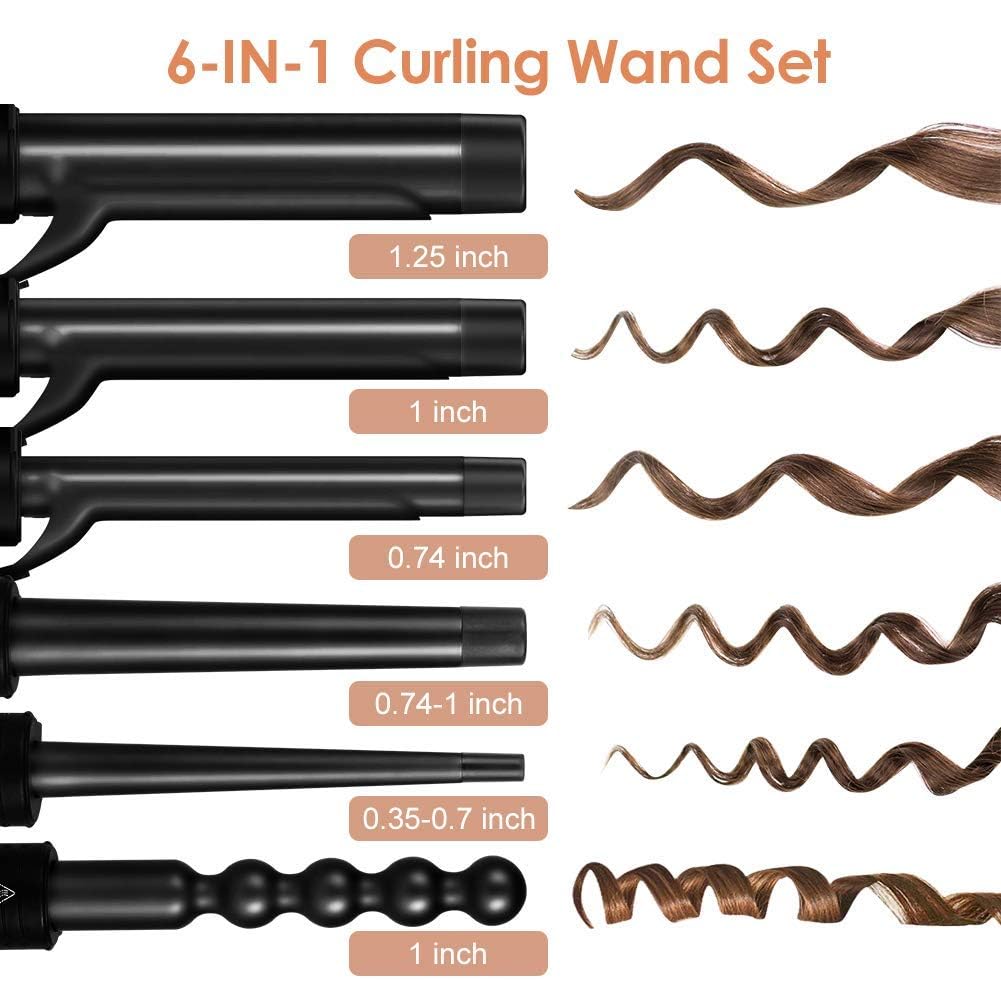 Duomishu 6-in-1 curling iron barrels layout highlights six sizes for curls.