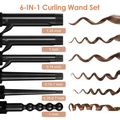 Duomishu 6-in-1 curling iron barrels layout highlights six sizes for curls.