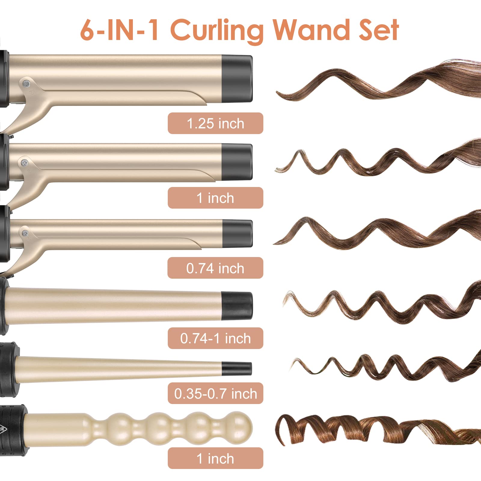 Duomishu 6-in-1 curling iron barrel sizes close-up for varied curls.
