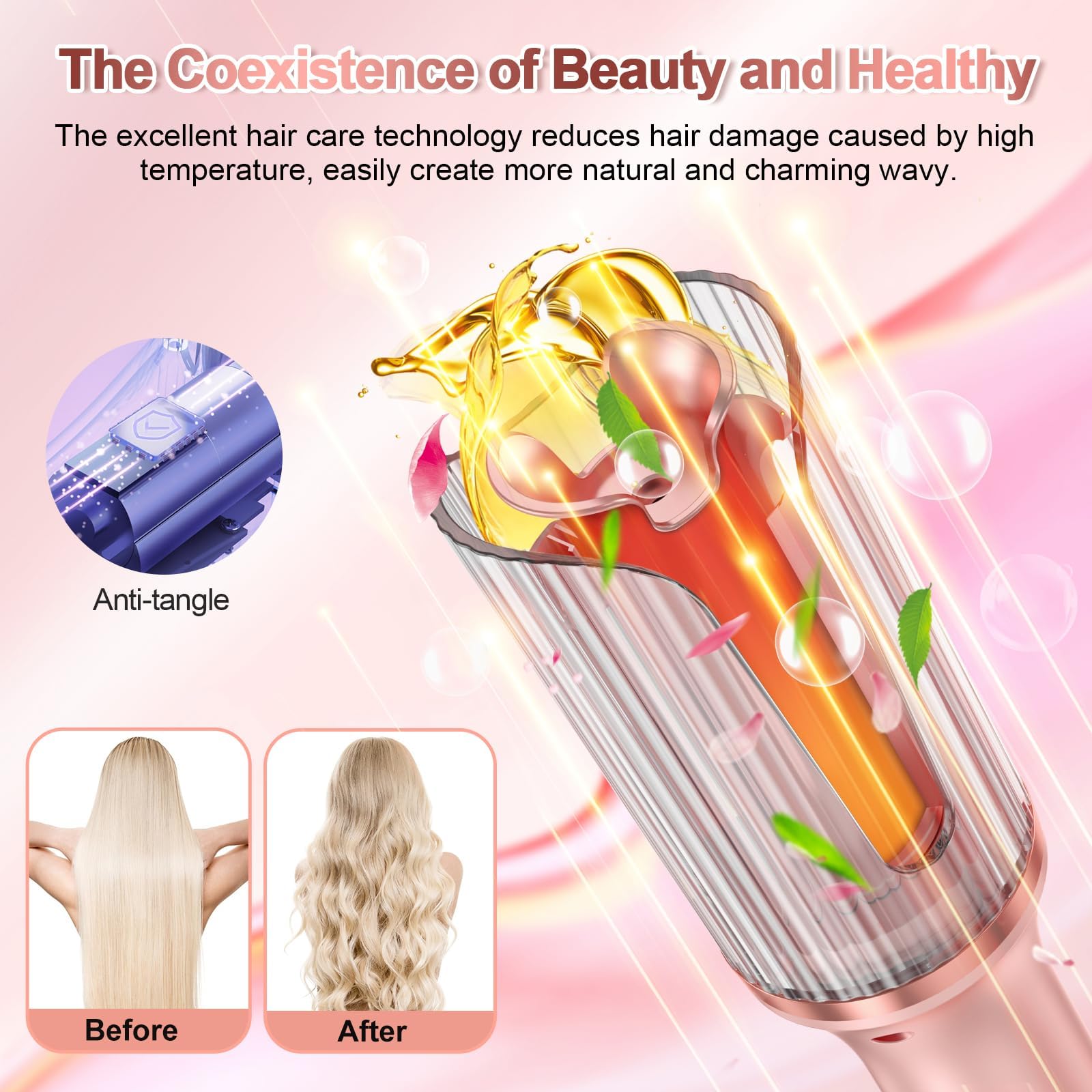 Duomishu hair curler with rotating barrel and anti-tangle design for easy styling.