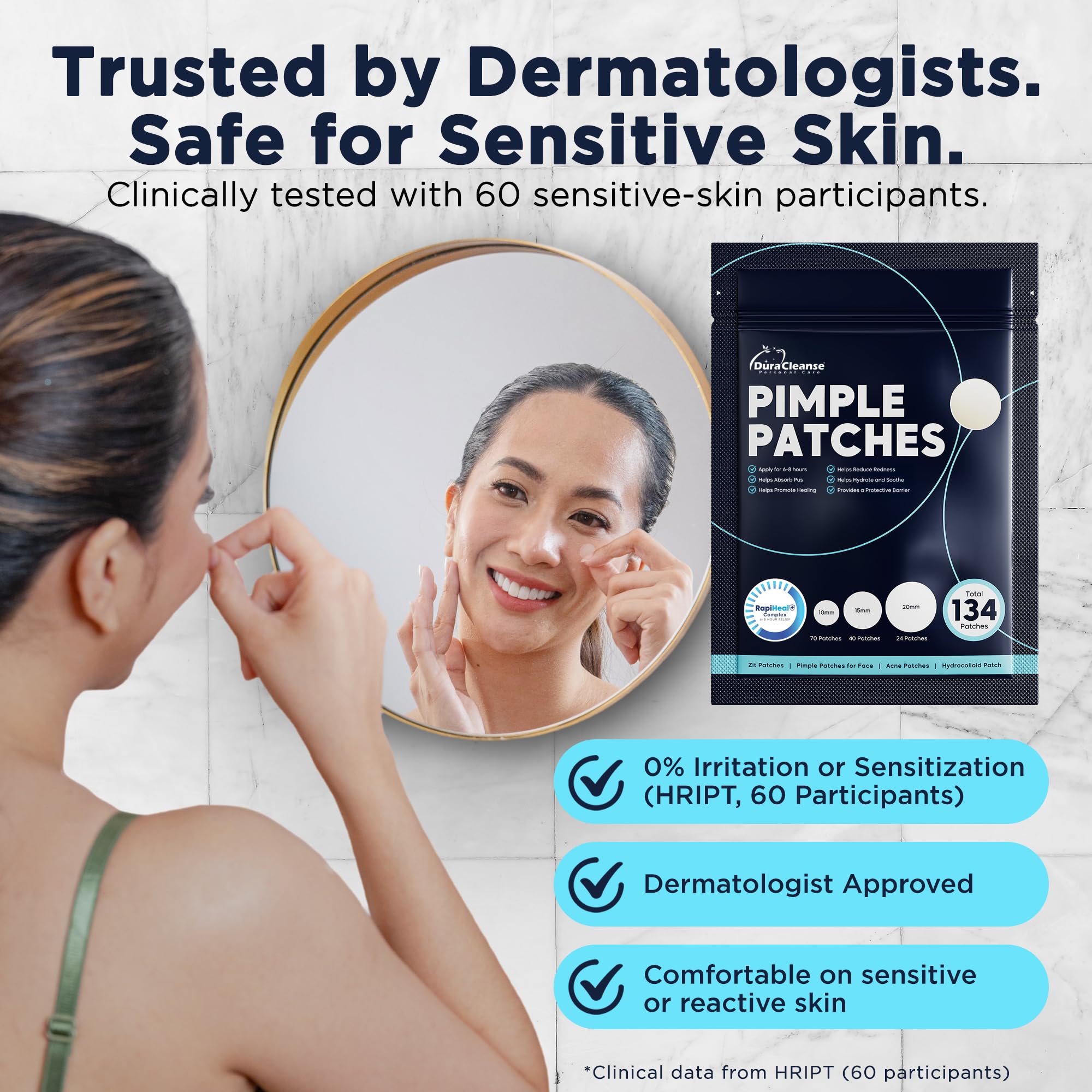 Dura Cleanse Pimple Patches apply easily and stay put under makeup.