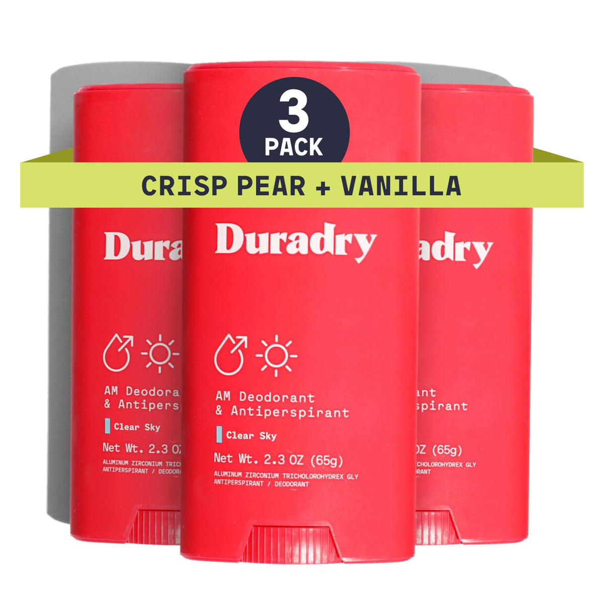 Duradry Clear Sky bottle front with crisp pear and vanilla for all-day freshness
