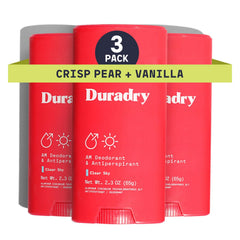 Duradry Clear Sky bottle front with crisp pear and vanilla for all-day freshness