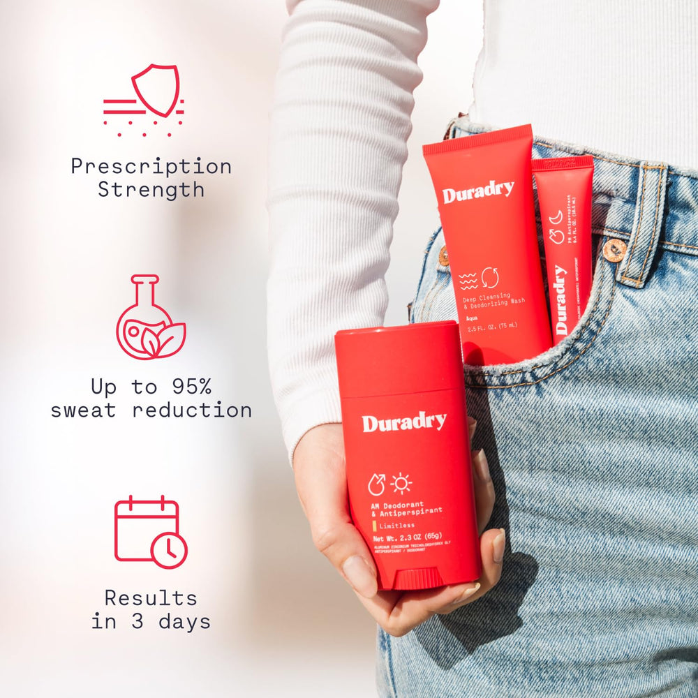 Duradry Clear Sky sweat-minimizing gel swatch highlighting overnight dry potential.