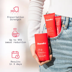 Duradry Limitless sweat-minimizing gel application showing overnight dry protection.