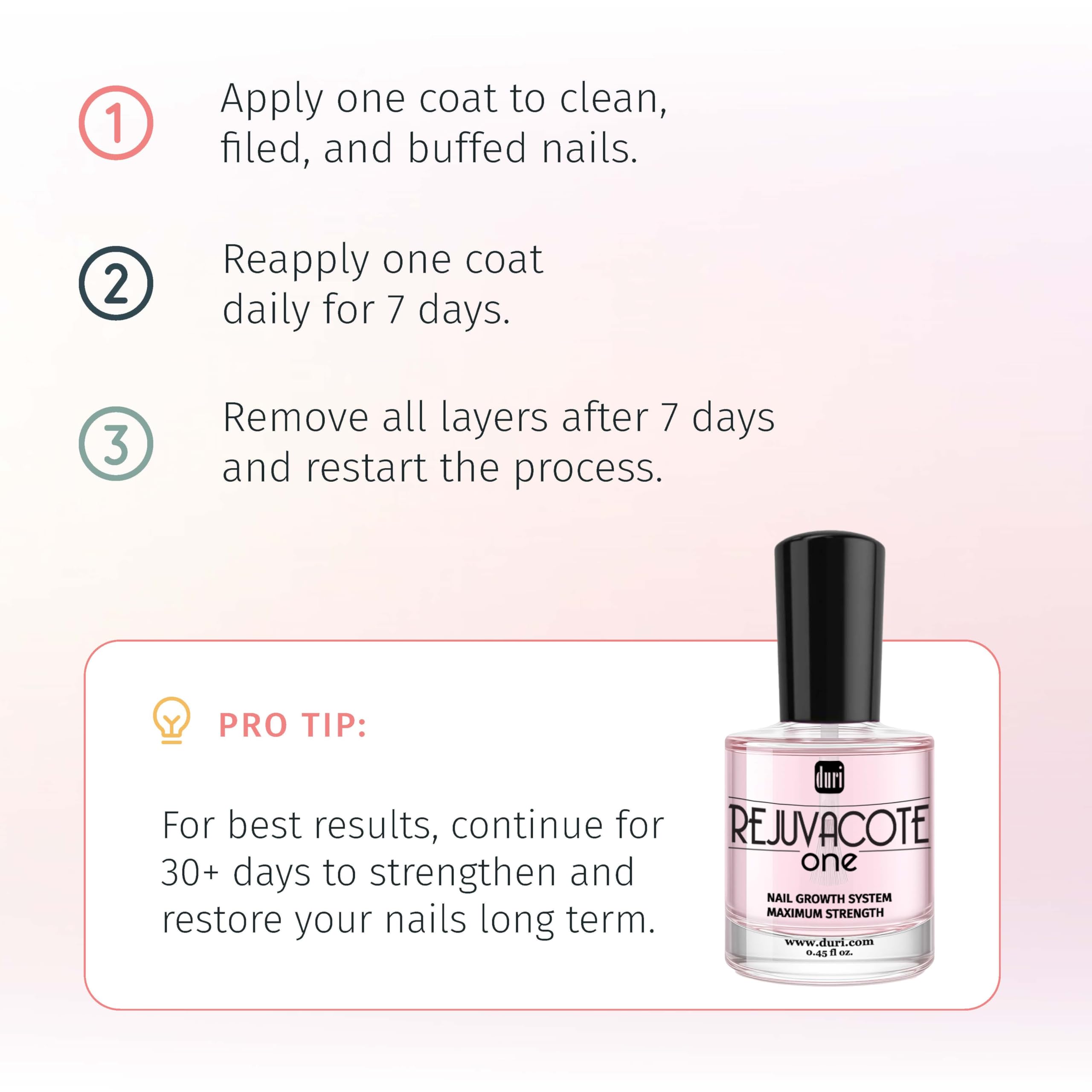 Duri Rejuvacote 1 top coat standalone use seals and protects nails with lasting shine.