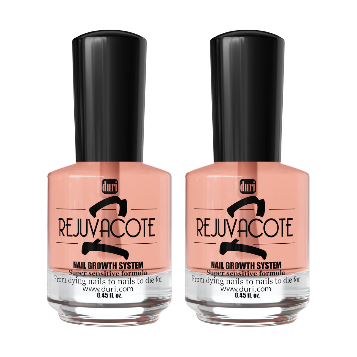 Duri Rejuvacote 2 bottle front view emphasizes sensitive formula for healthy nails.