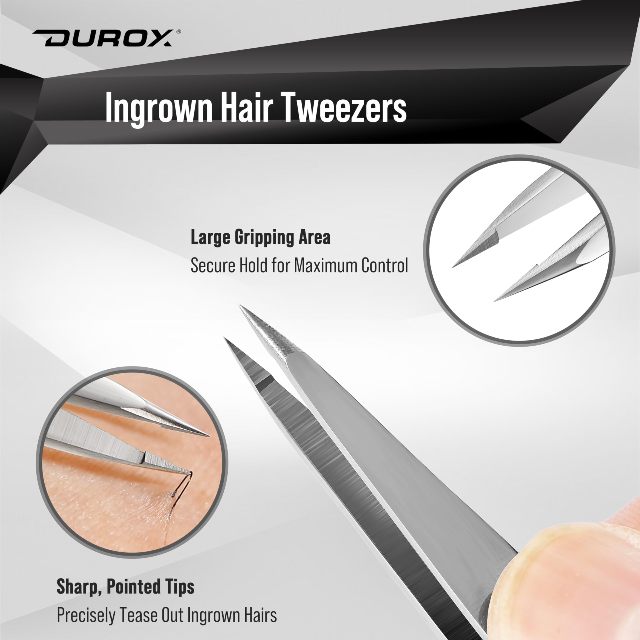 DuroX Ingrown Hair Tweezers root-level removal close-up for clean results
