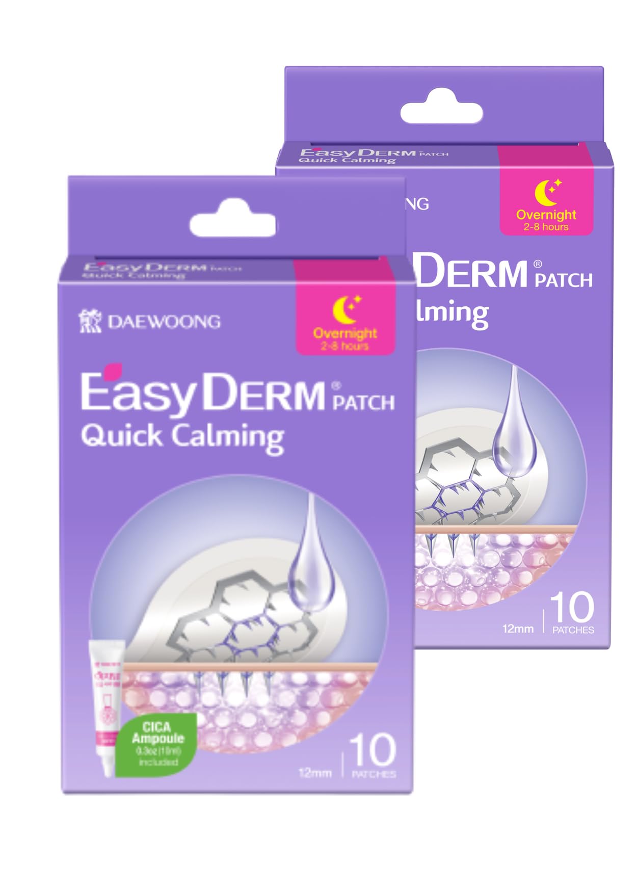 DWEasyDerm Quick Calming Patches pack front for overnight pimple care.