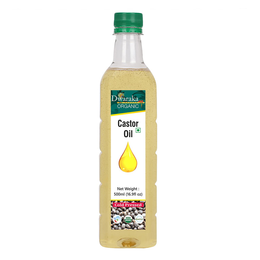 Dwaraka castor oil bottle front view for hair and skincare routines.