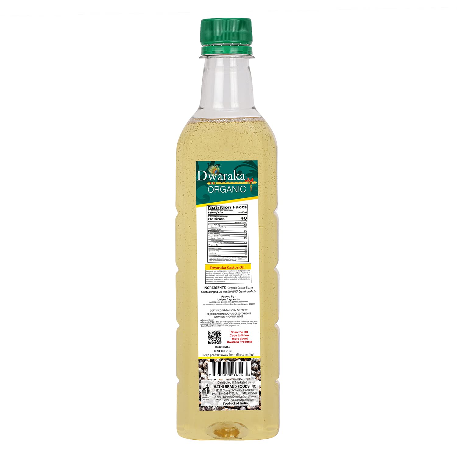 Dwaraka castor oil label close-up emphasizing organic cold-pressed quality.