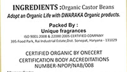 Dwaraka castor oil packaging shot highlighting USDA Organic, Non-GMO and vegan ethics.