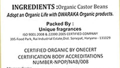 Dwaraka castor oil packaging shot highlighting USDA Organic, Non-GMO and vegan ethics.
