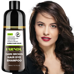 DYEING 221 BC FarnDU dark-brown shampoo bottle showing quick gray coverage