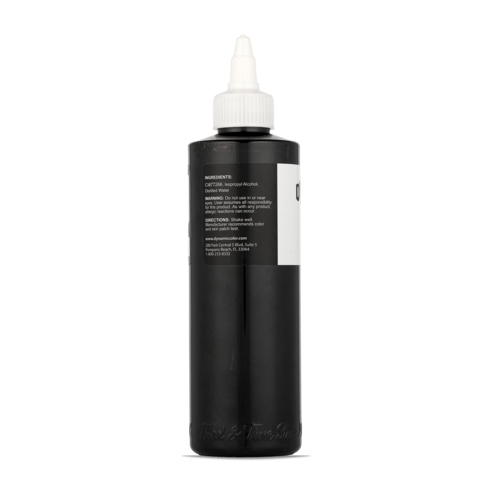 Dynamic Color Co Black Ink 8oz bottle with open cap ready for studio use