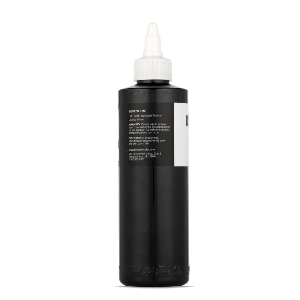Dynamic Color Co Black Ink 8oz bottle with open cap ready for studio use