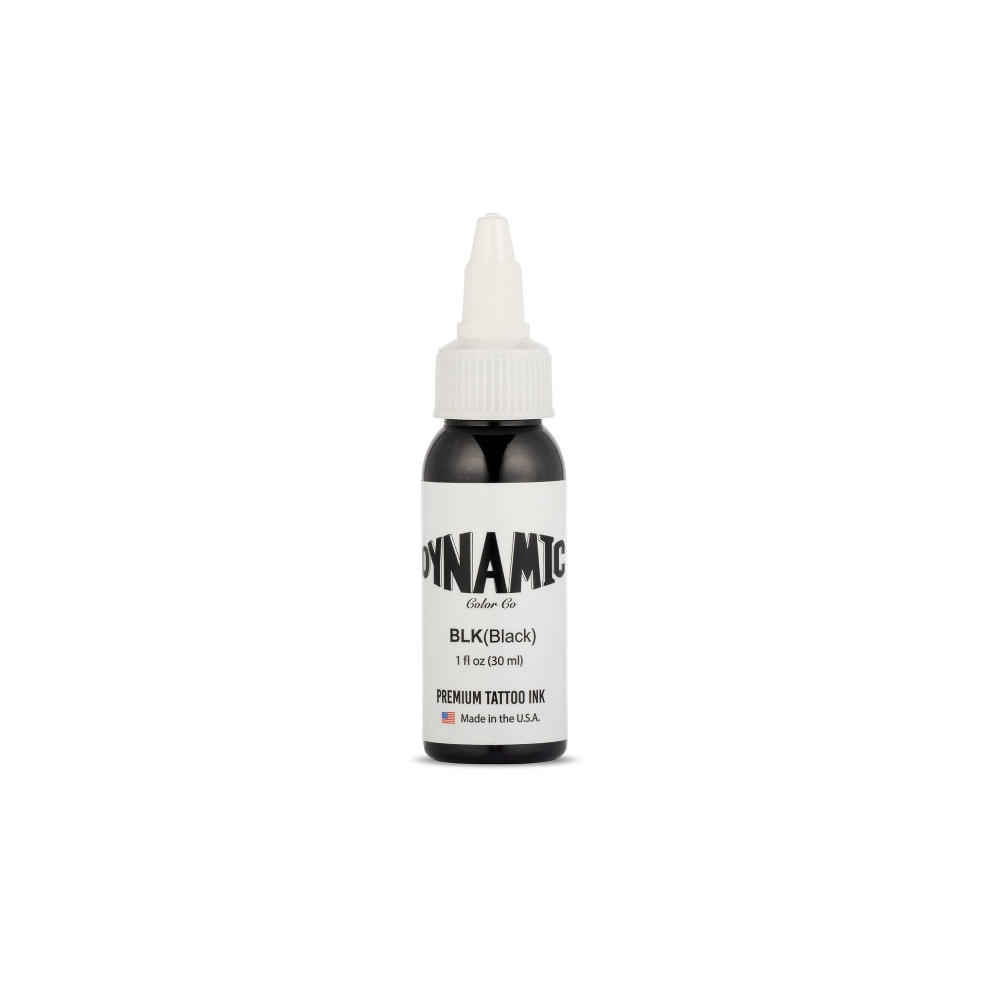 Dynamic Color Co black tattoo ink bottle front shows bold pigment for precise outlining