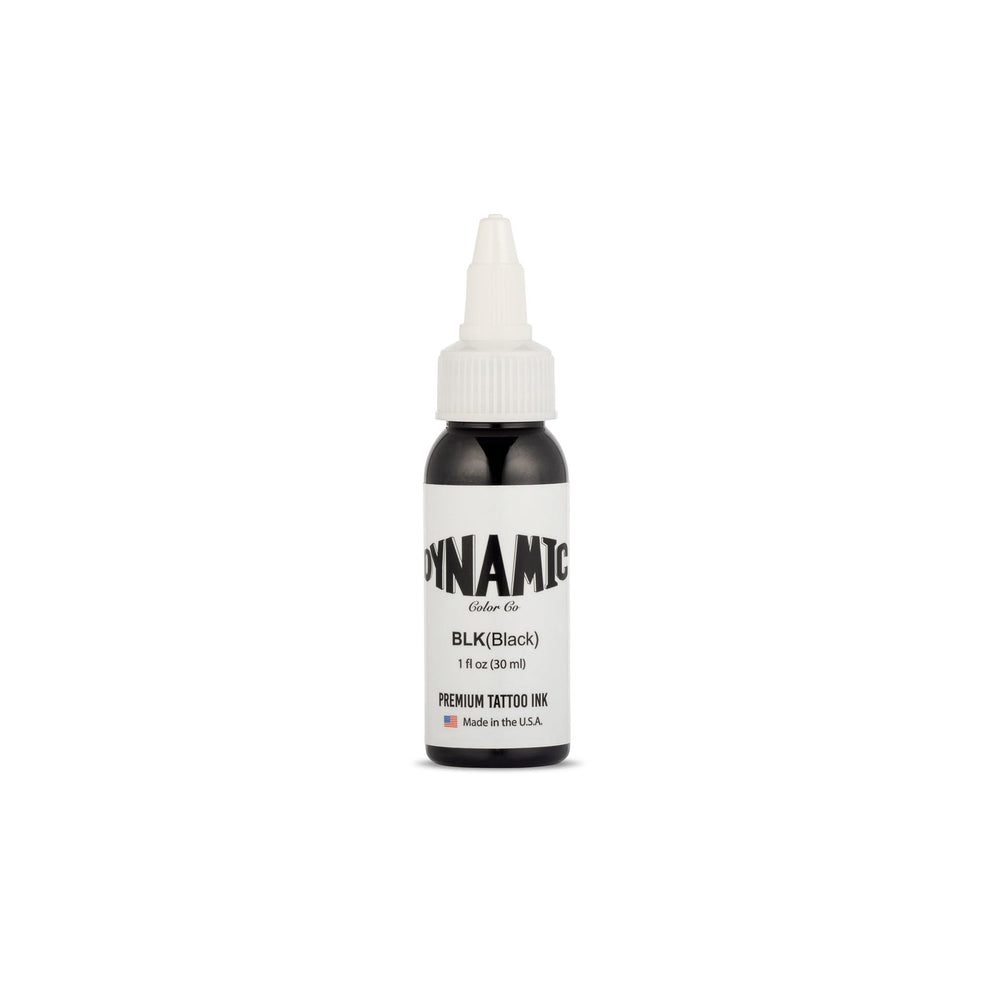 Dynamic Color Co black tattoo ink bottle front shows bold pigment for precise outlining