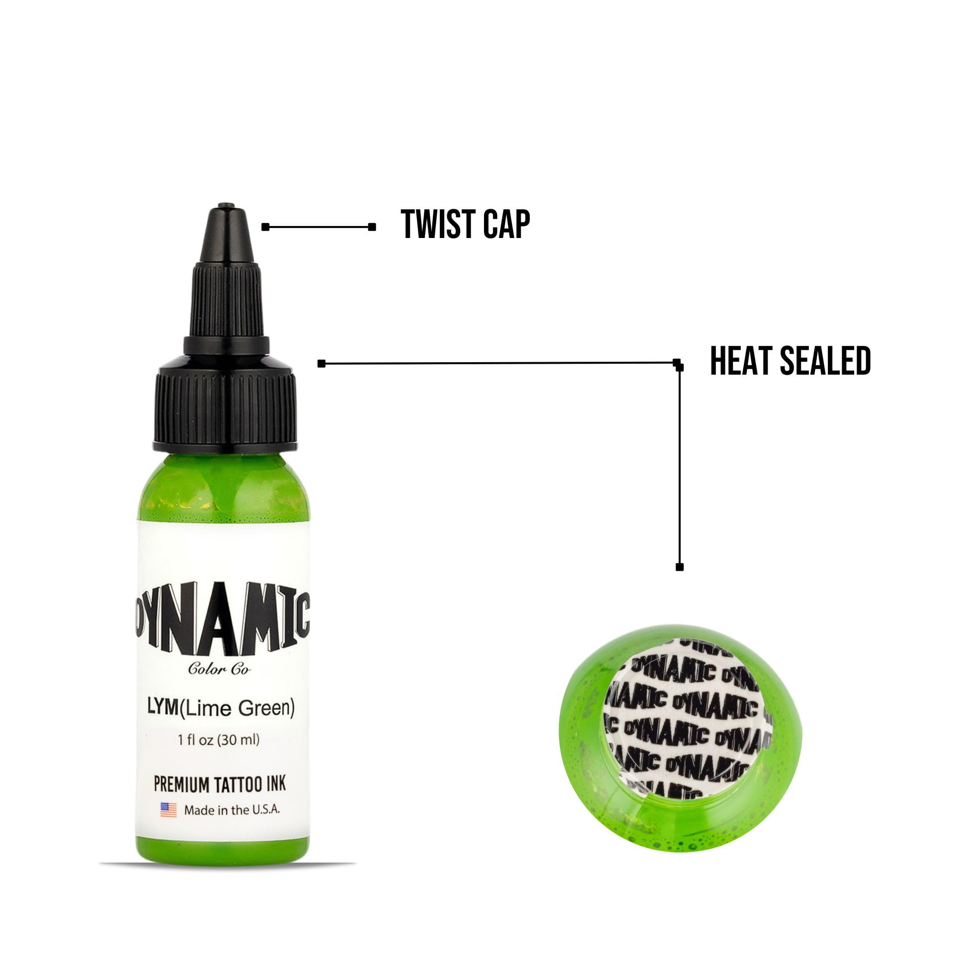 Dynamic Color Co lime green ink flow demonstrates smooth shading and precise detailing.