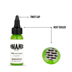 Dynamic Color Co lime green ink flow demonstrates smooth shading and precise detailing.