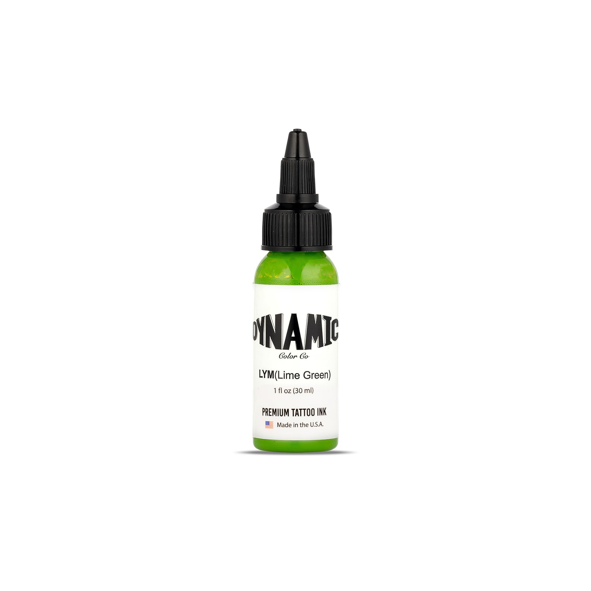 Dynamic Color Co lime green tattoo ink bottle displays vibrant pigment in sterilized packaging.