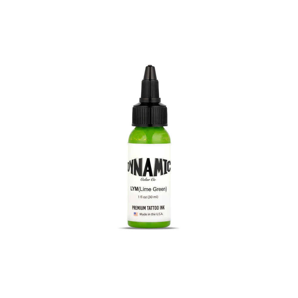 Dynamic Color Co lime green tattoo ink bottle displays vibrant pigment in sterilized packaging.