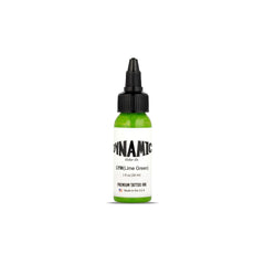 Dynamic Color Co lime green tattoo ink bottle displays vibrant pigment in sterilized packaging.