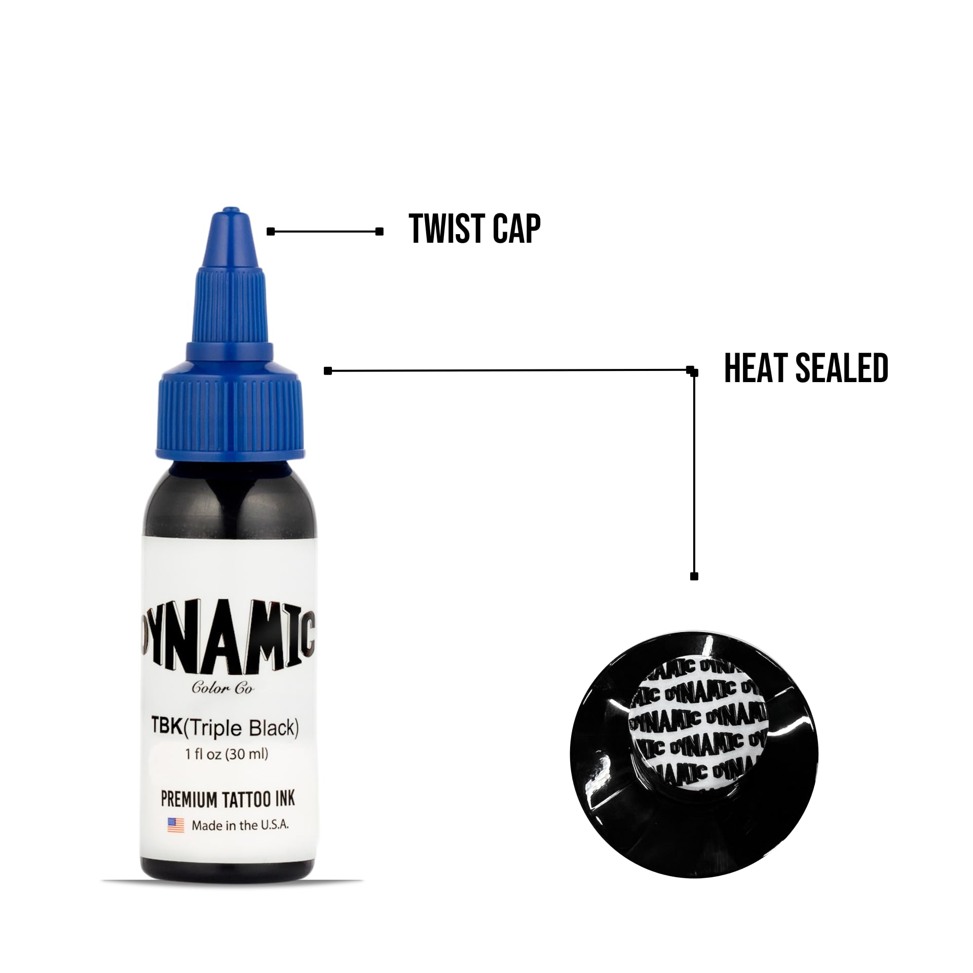 Dynamic Color Co Triple Black Ink Bottle 1oz label detail highlights vegan, USA-made ink