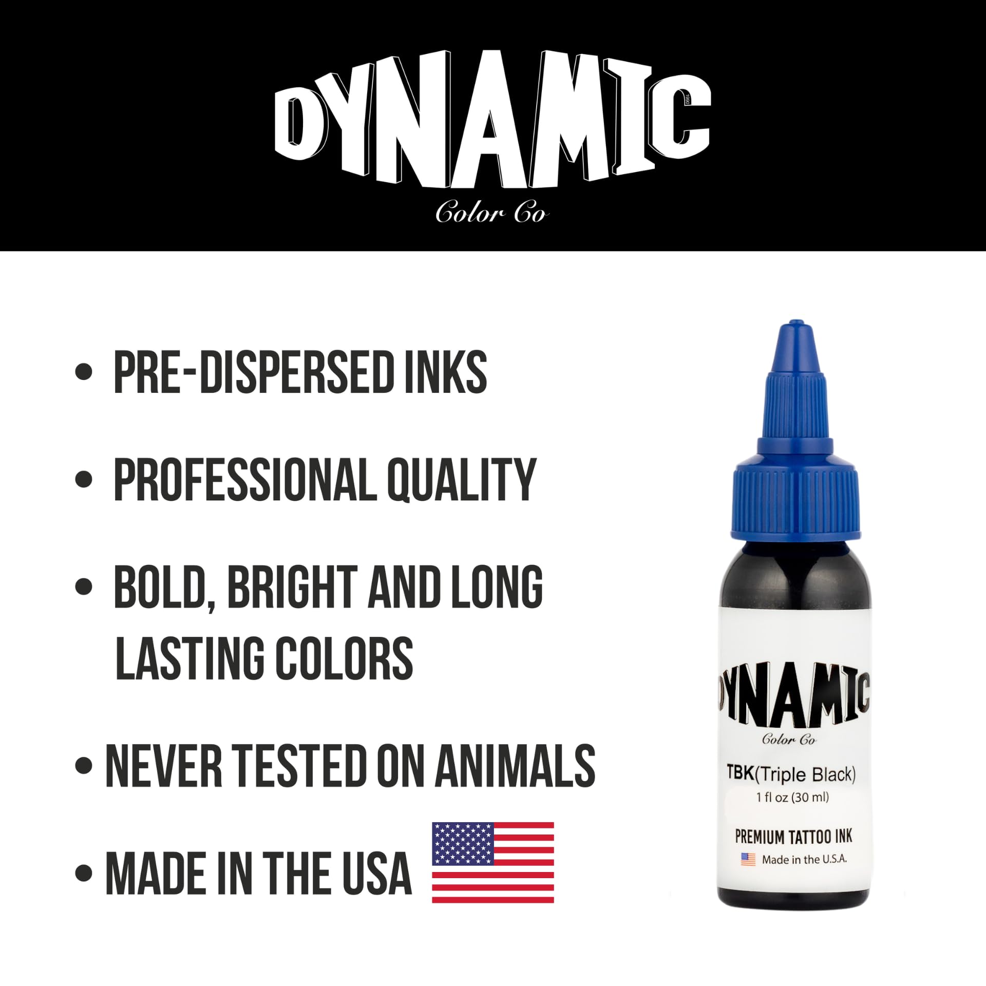 Dynamic Color Co Triple Black Ink Bottle 1oz packaging shows ready-to-use professional ink