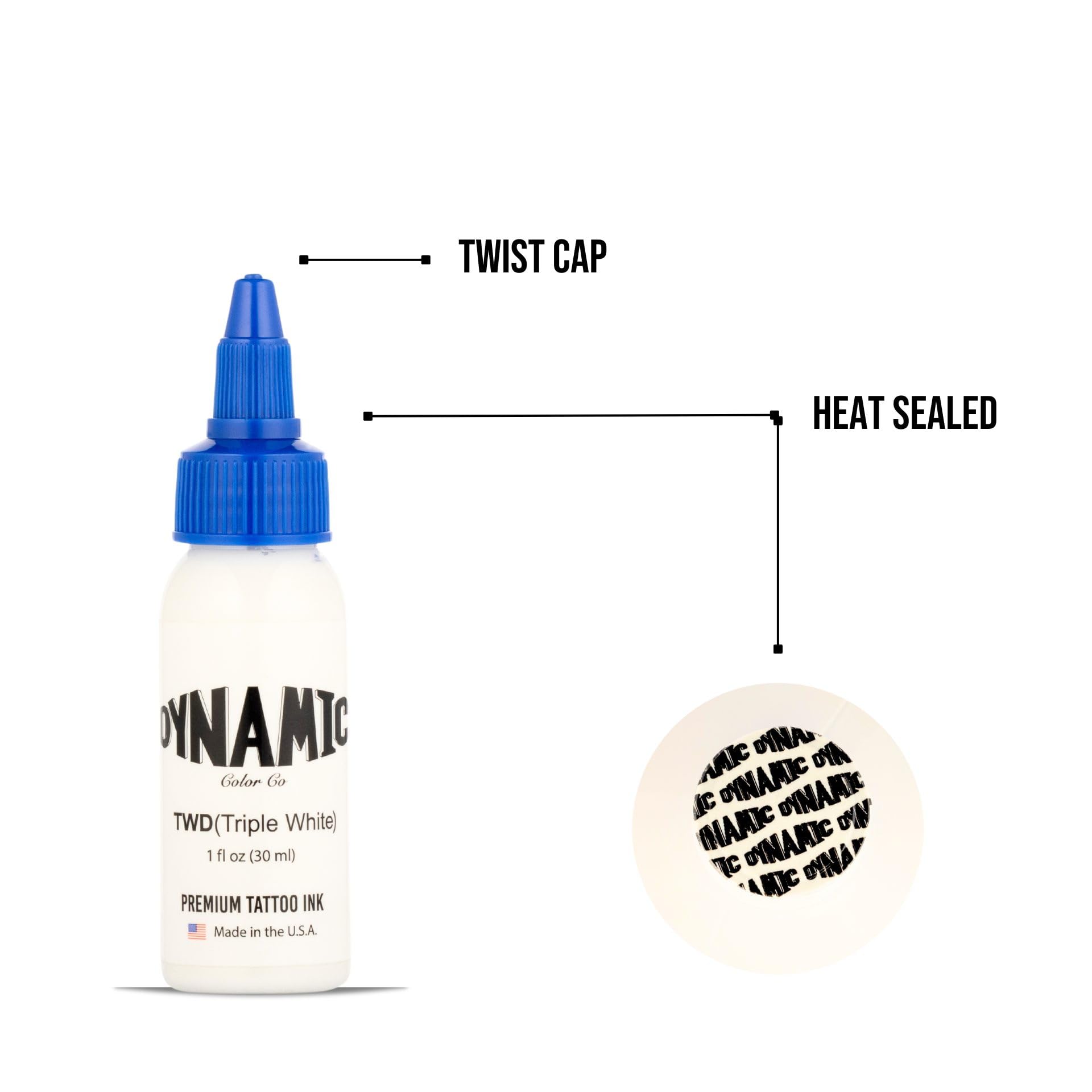 Dynamic Color Co Triple White bottle cap closeup showing hygienic seal and trusted quality