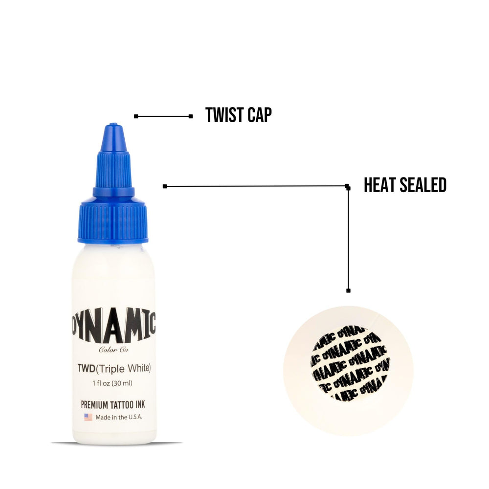 Dynamic Color Co Triple White bottle cap closeup showing hygienic seal and trusted quality