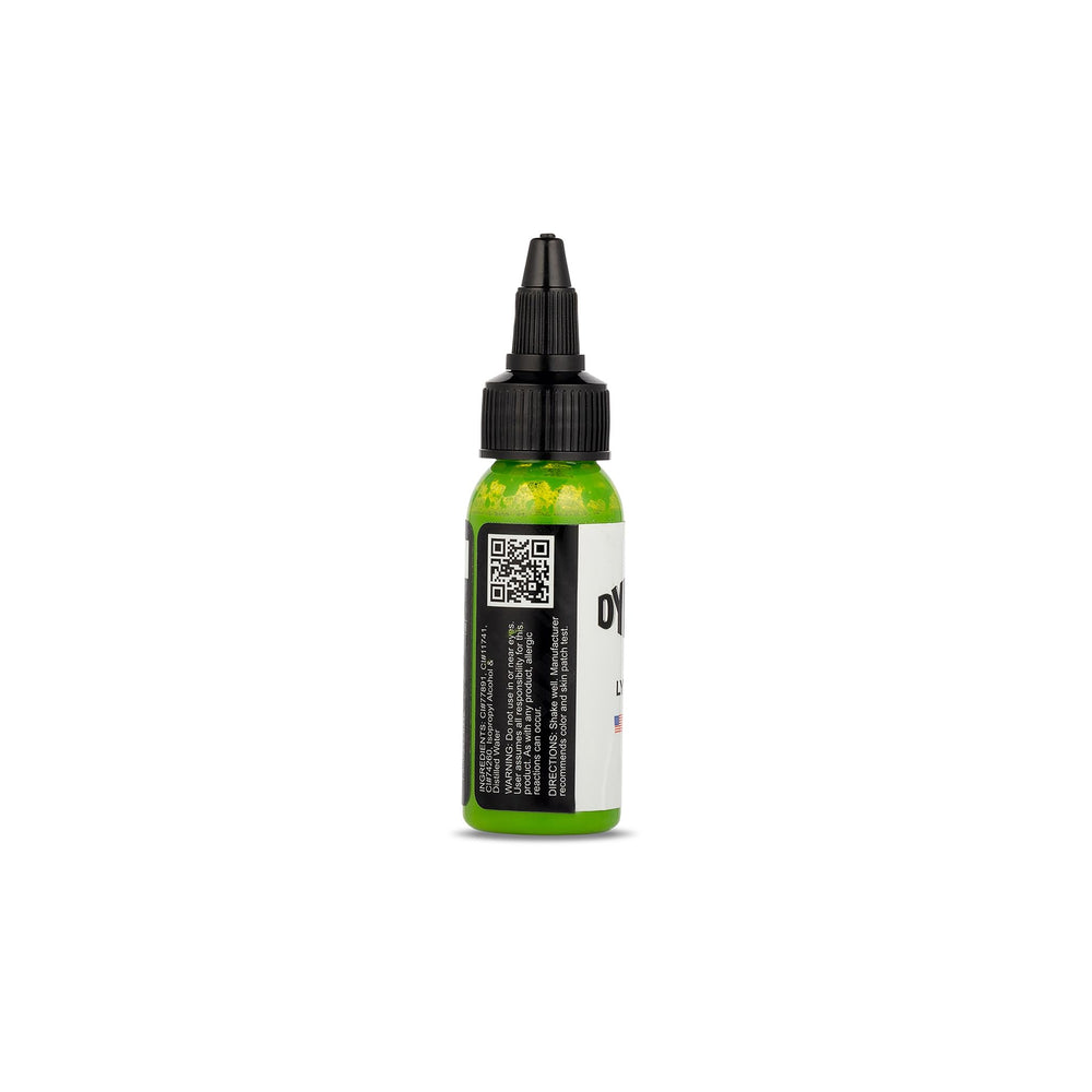 Dynamic Color Co vegan lime green ink highlights cruelty-free options for artists.