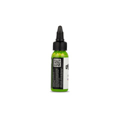 Dynamic Color Co vegan lime green ink highlights cruelty-free options for artists.