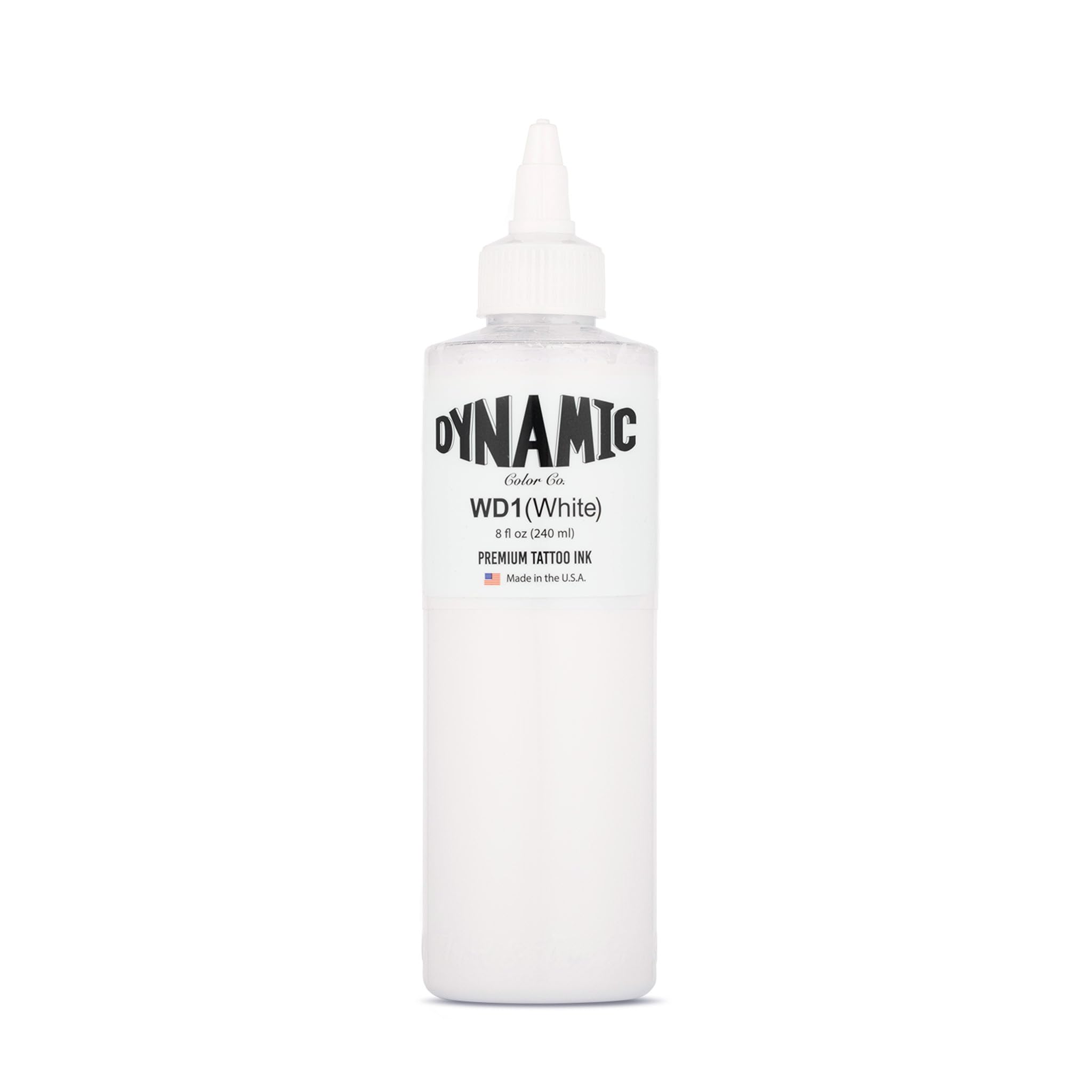 Dynamic Color Co white tattoo ink bottle close-up shows premium pigment for precise details.