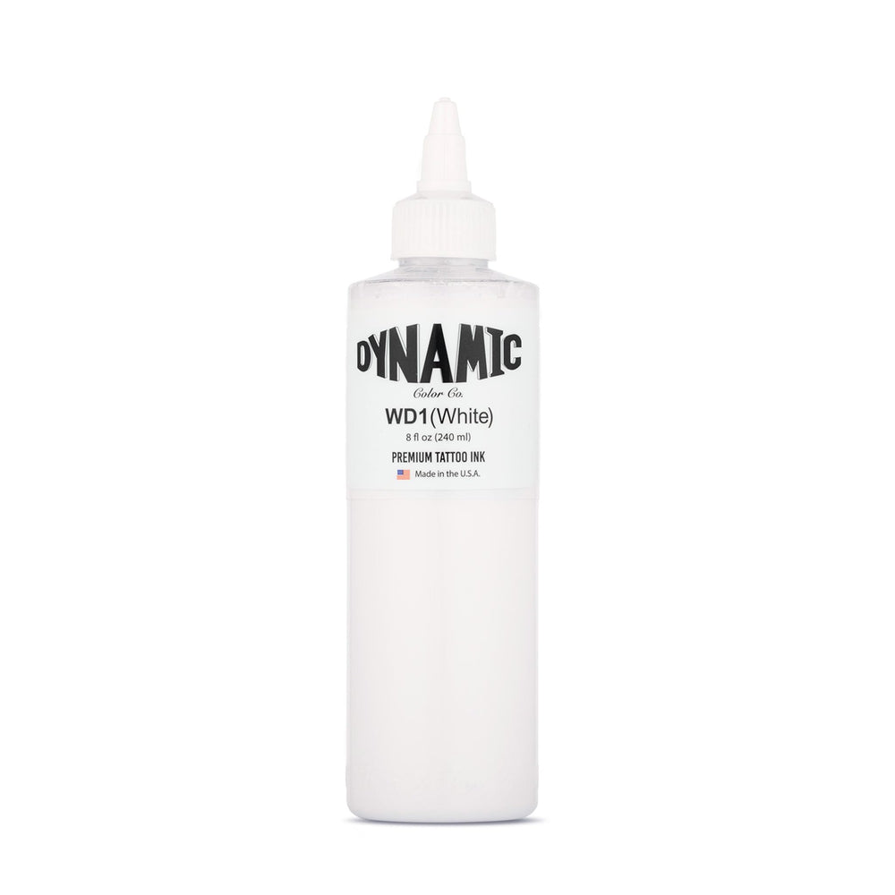 Dynamic Color Co white tattoo ink bottle close-up shows premium pigment for precise details.
