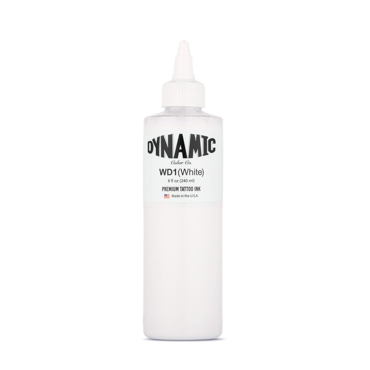Dynamic Color Co white tattoo ink bottle close-up shows premium pigment for precise details.