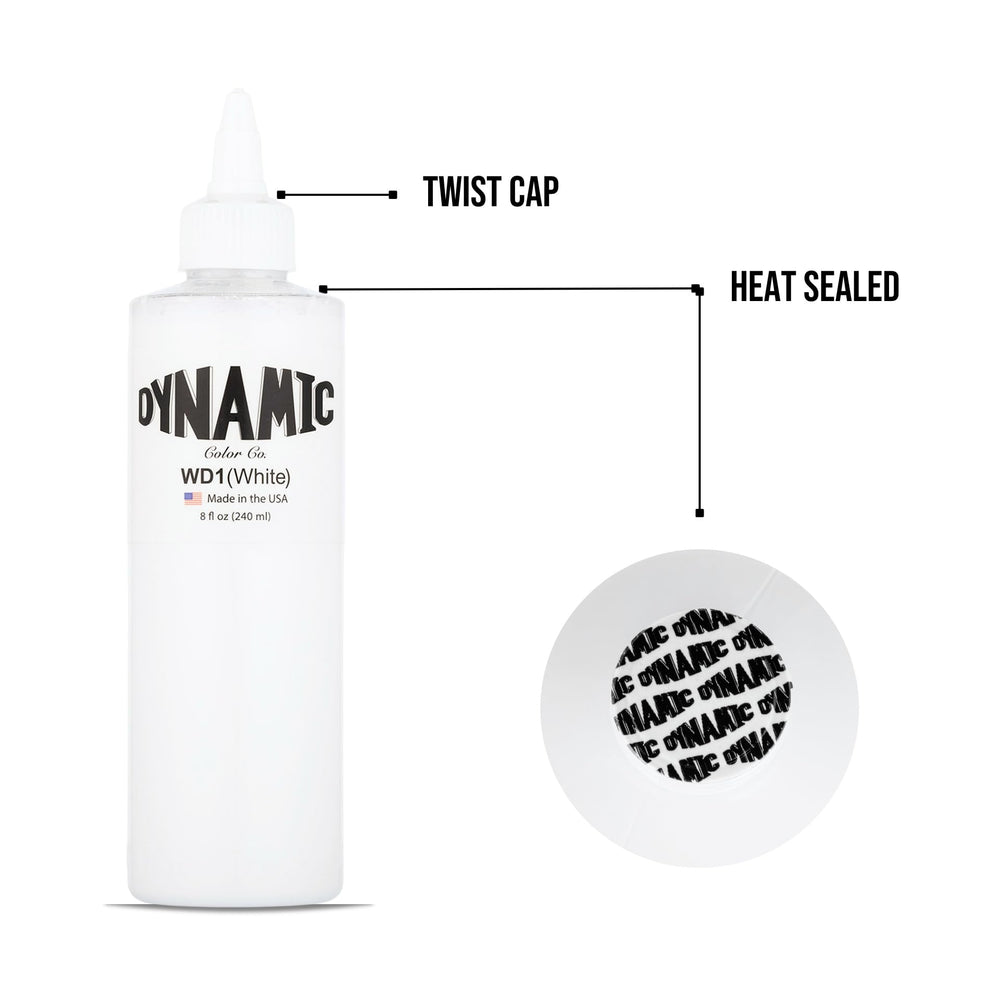 Dynamic Color Co white tattoo ink pigment flow outlines shading demonstrating smooth performance.
