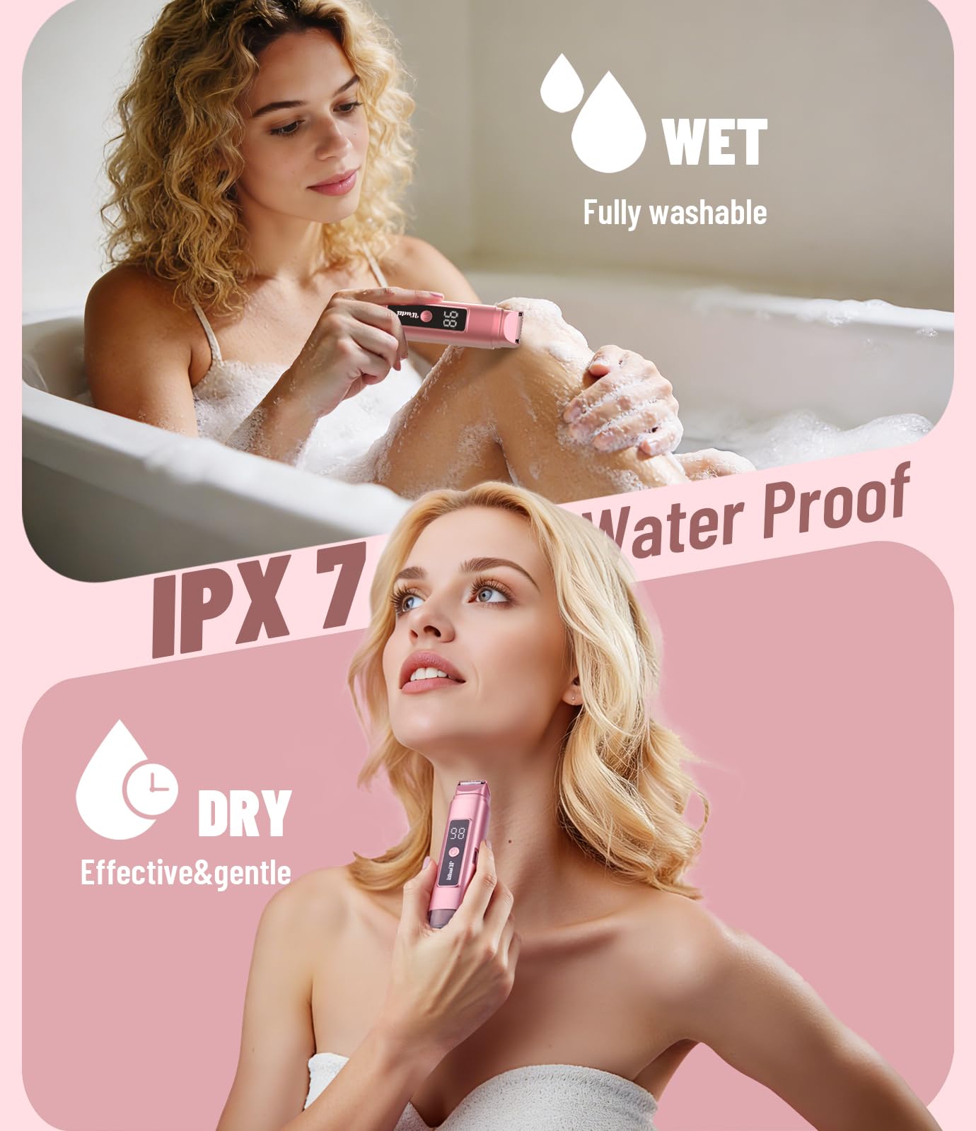 Dynooper bikini trimmer shown in wet/dry use for versatile bathroom grooming