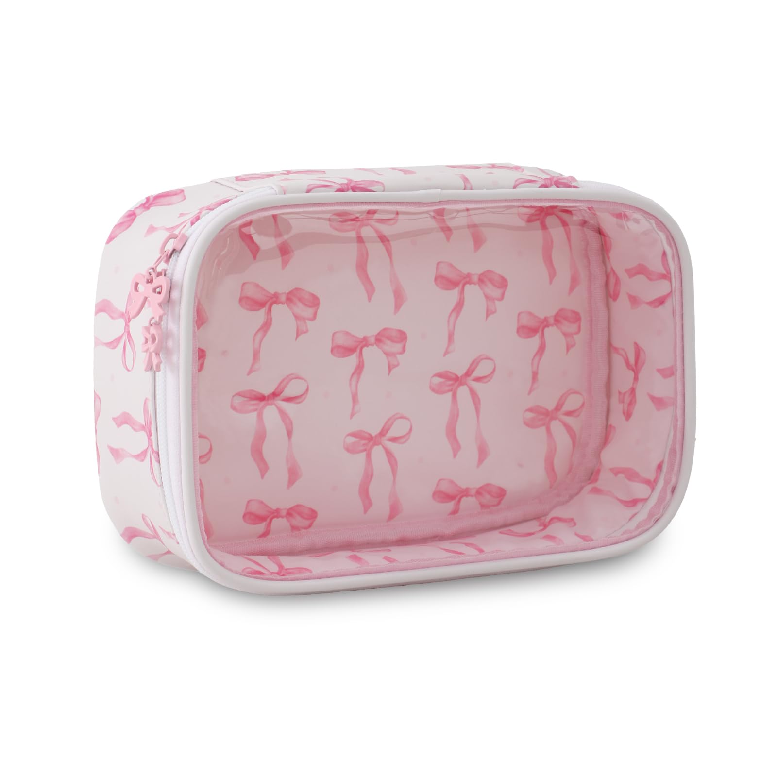 DYSHAYEN clear makeup bag with pink bow front view for easy travel checks