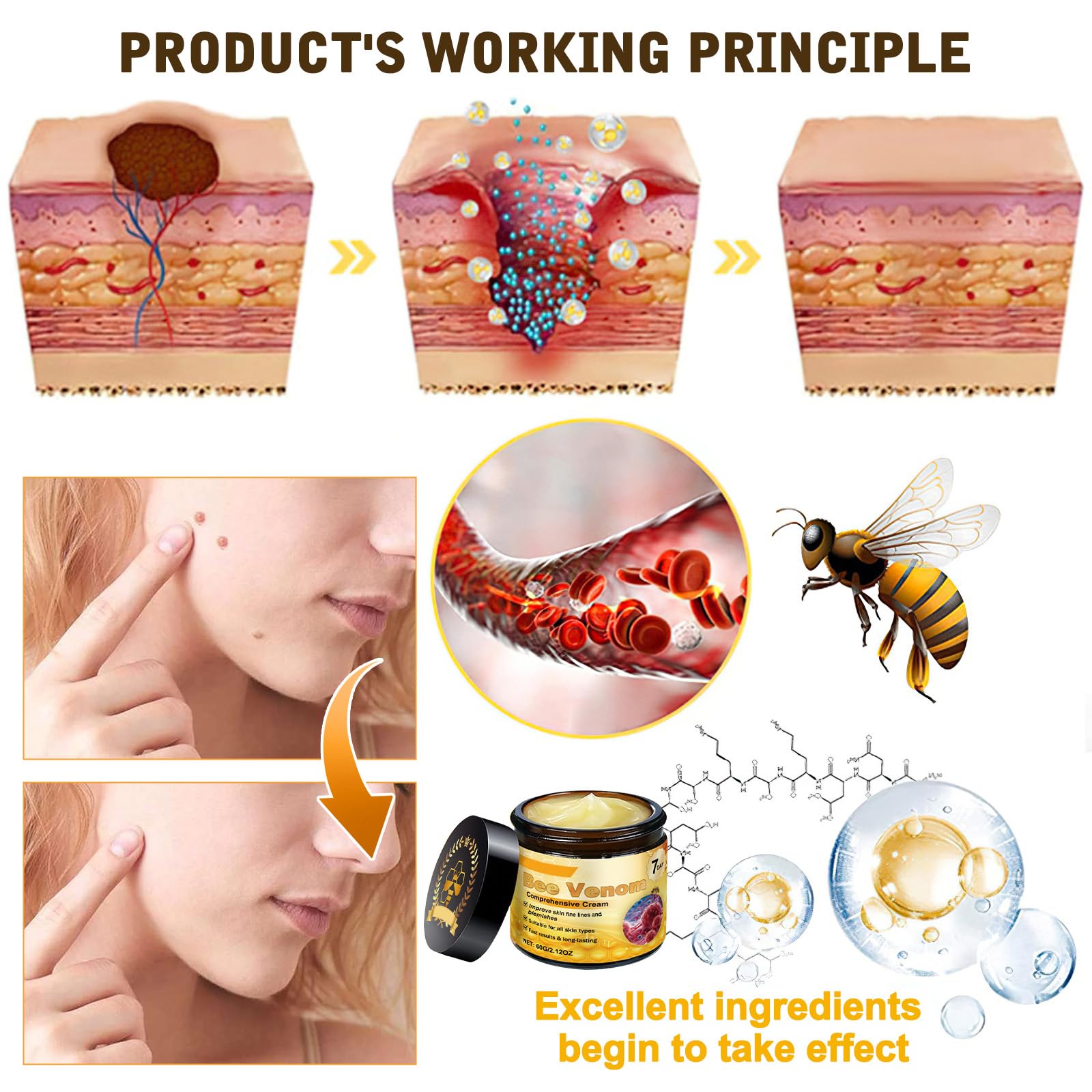 DZCKTFYGRT Bee Venom Cream application scene demonstrates quick absorption for day or night use