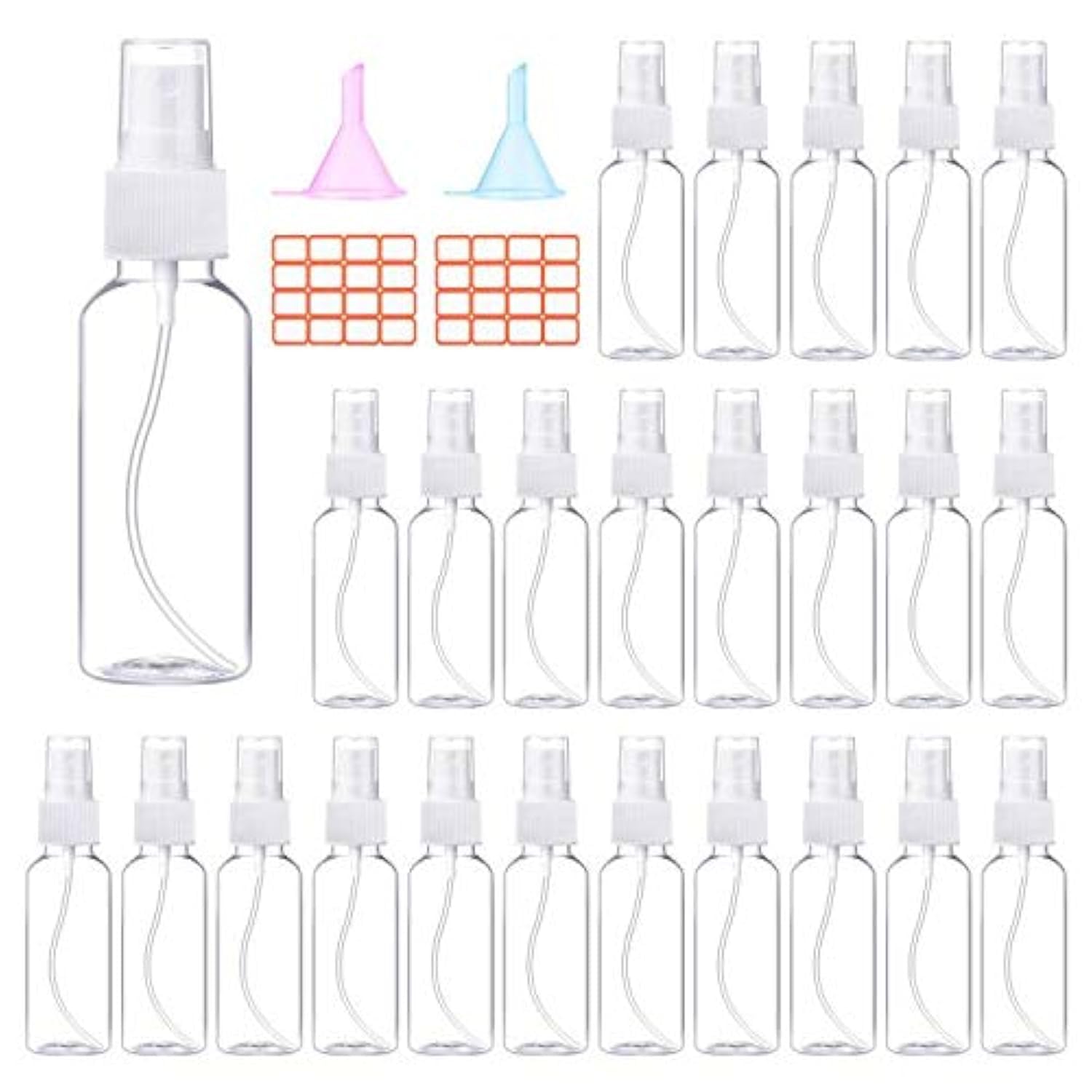 E-accexpert 24-pack 2oz spray bottles laid out for easy-organized storage and travel.