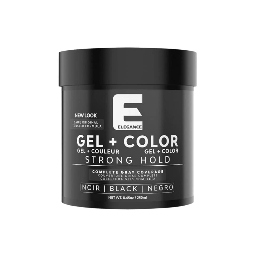 E Elegance Black Gel bottle shows strong all-day hold for a confident hairstyle