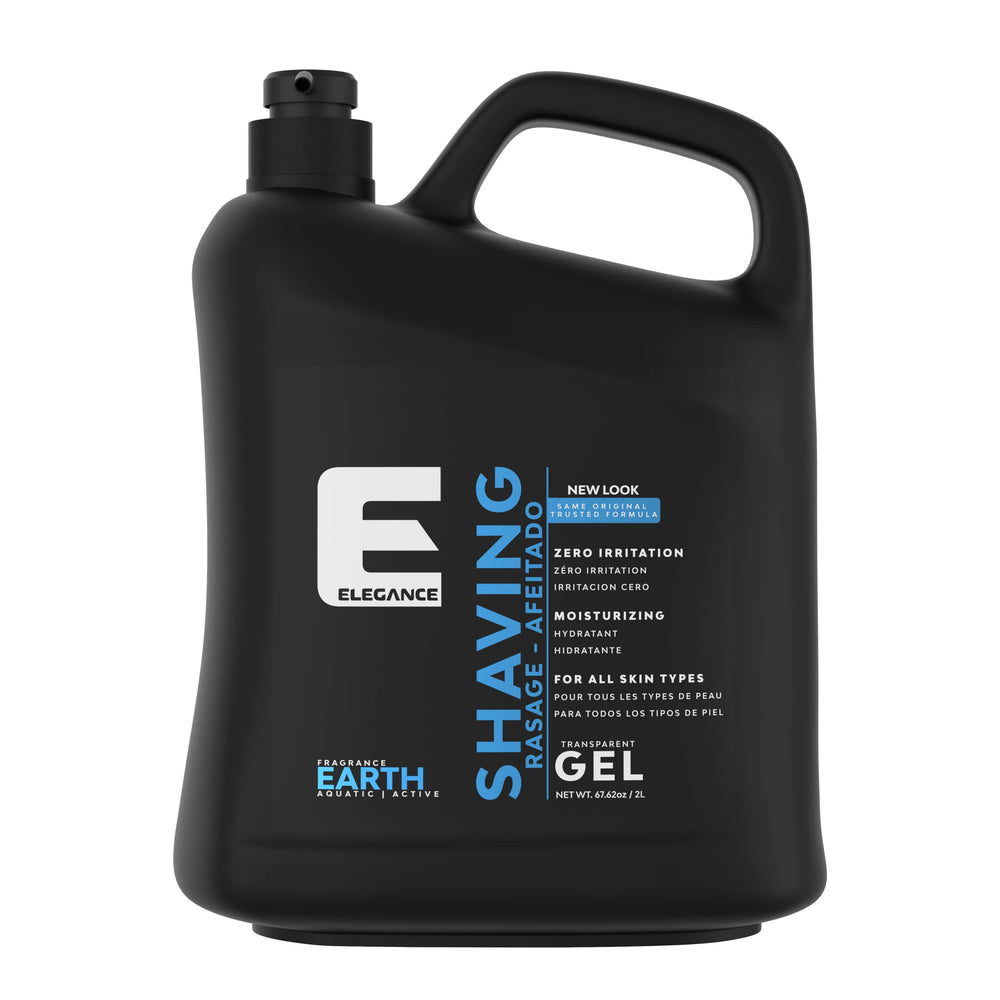 E Elegance transparent shaving gel bottle pour shows clear gel for easy visibility and precise shaving.